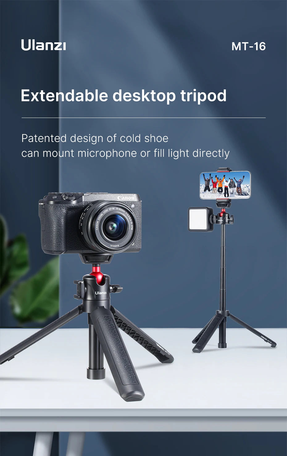 Trípode Plegable Ulanzi MT-16 – Selfie y Cámara
¡Soporte versátil para móvil y DSLR!
Cabeza bola 1/4" + cold shoe
Plegable con mini selfie stick
¡Estabiliza tus tomas, no te quedes fuera de las fotos!