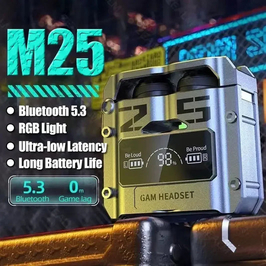 Audífonos M25 Bluetooth 5.3 TWS – Sonido Inmersivo
¡Sonido estéreo claro con reducción de ruido!
Control táctil intuitivo + pantalla LED batería
Bluetooth 5.3 estable y larga duración