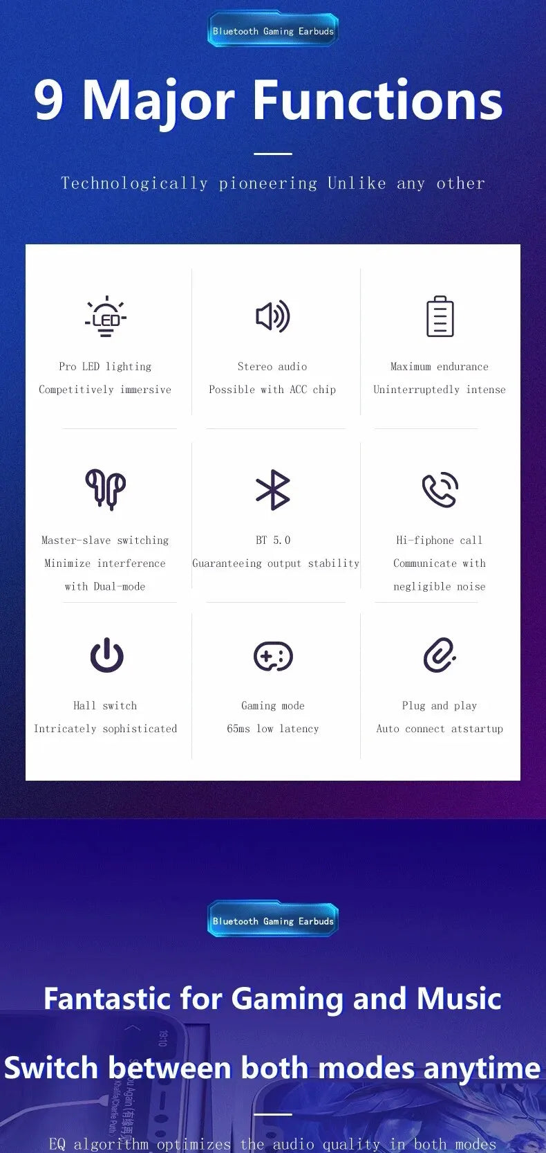 TWS Wireless Bluetooth Headset Gamer Earbuds
Auriculares Gamer TWS Bluetooth – LED y Mic
¡Juega con sonido inmersivo y micrófono claro!
Pantalla LED + cancelación ruido
Modo gamer bajo latency
¡Sube de nivel en tus juegos!