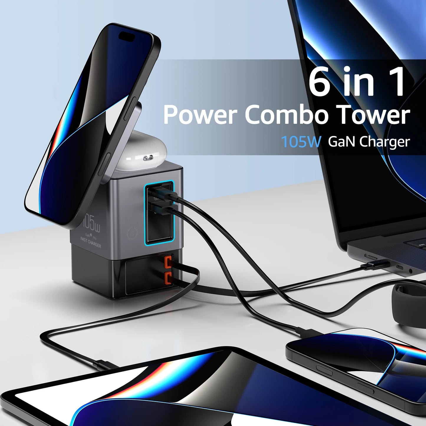 Cargador 6 en 1 con Cable USB-C Retráctil 105W
¡Carga varios dispositivos al mismo tiempo!
Torre 105W rápida para iPhone, AirPods y más
Cable USB-C retráctil + puertos múltiples
¡Carga todo sin enredos hoy mismo!